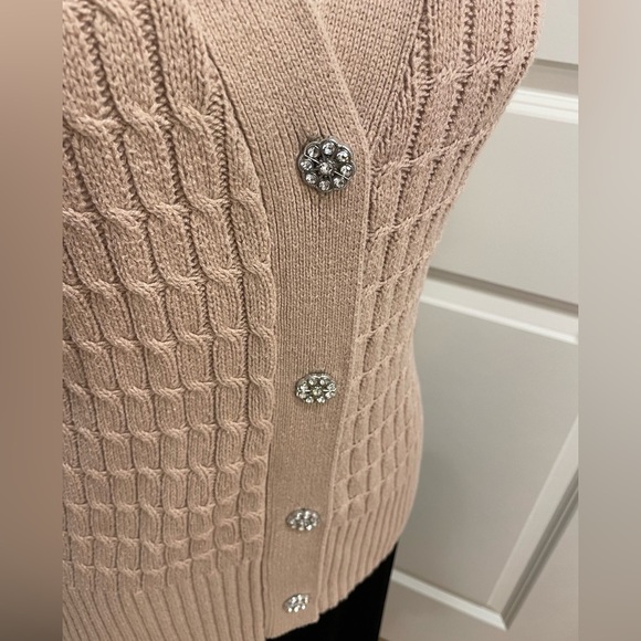 Large Anne Klein Tan, Brown, Beige Cardigan Sweater with Jeweled Butto… - Picture 2 of 12